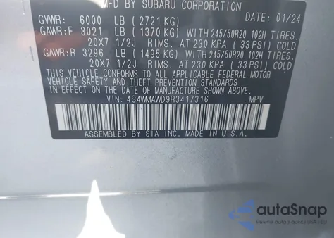 2024 Subaru Ascent Touring 7-Passenger z USA, uszkodzony, nr VIN 4S4WMAWD9R3417316